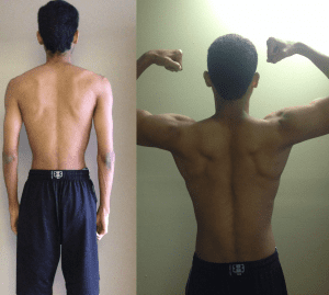 A man shows off his muscles in two different photos.
