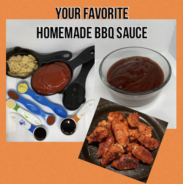 A picture of some food and the text " your favorite homemade bbq sauce ".